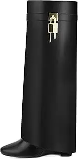 [HYYH CFPL] Fold Over Knee High Boots for Women Pointy Pull-on Wedge Heel Knee Shark Boot with Side Zipper Covered Wedge Heel Padlock Boot