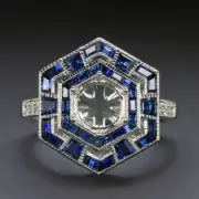 SAPPHIRE COCKTAIL RING SETTING 6.5m ROUND MOUNT HEXAGON GEOMETRIC 14k WHITE GOLD