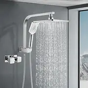 [ACA International] WELS Rain Shower Set with Twin Shower Tap, 200mm Square Rain Shower Head 3-Mode Handheld Gooseneck Shower Arm with Diverter, Bathroom Shower Head 2 in 1 Set(Chrome)