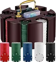 Wettarn Poker Chips Poker Set, 200 Count Rotating Poker Chip Case Wood Carousel Case Holder with 200 Pcs Chips and 2 Decks of Playing Cards for Casino Party Supplies Family Game Gambling Accessory
