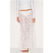 Plus White Floral Lace Sheer Maxi Skirt, White