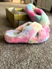 Mix No. 6 Amatta Pink Sherbert Furry Slippers Faux Fur Size 7M open toe New /Box