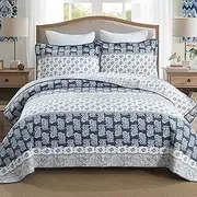 AJOCCI Quilts Queen Size, Cotton Bedspreads Queen Size, Navy Grey White Bedding Comforter Sets, Striped Bed Set, Lightweight Coverlets Machine Wash 3 Piece
