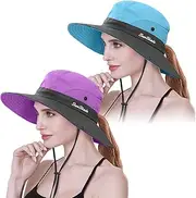 [29 IYEBRAO] 2 Pieces Womens Ponytail UV Protection Sun Hat Packable Wide Brim Boonie Cap for Fishing Hiking