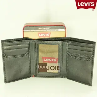 ::bonJOIE:: 美國進口 新款鐵盒裝 Levi's 三折直立式透明窗皮夾 (黑色) 含零錢袋 Levis 三折式 短夾 實物拍攝 皮夾