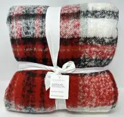 NEW~Pottery Barn Lodge Plaid Sherpa Back Throw Blanket~50x60”~Red Multi