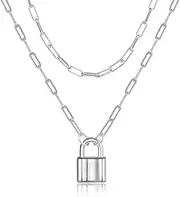 [ALEXCRAFT] Silver Lock Necklace for Women Girls, Silver and Gold Paperclip Link Chain Padlock Necklace Non-Tarnish Necklace for Women