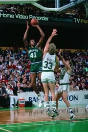 Sam Perkins Dallas Mavericks goes up for a shot v Larry Bird and J- Old Photo