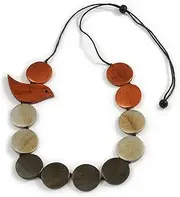 [Avalaya] Dark Grey/Metallic Silver/Copper Wooden Coin Bead and Bird Black Cotton Cord Long Necklace/ 96cm Max Length/Adjustable, cords Wood