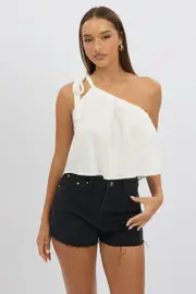 White One Shoulder Top Linen Blend - Size 16, Women's Cami