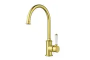 Clasico Gooseneck Sink Mixer Ceramic Handle in Brushed Gold