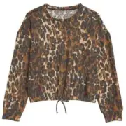 Treasure & Bond Girls Sweater Top Brown Leopard Print Waffle Knit XL (14/16) NWT