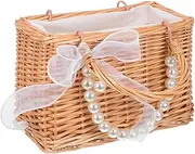 WHAMVOX Wicker Flower Girl Basket: Rustic Wedding Floral Basket with Pearl Chain and Ribbon Bow - Willow Handbag for Outdoor Picnic Home Decoration