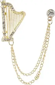 [Knighthood] Men's Rhinestones Harp With Hanging Chain Tassel Badge Suit Collar Brooch Lapel Pin (Gold) (KN-LP20-HARP)