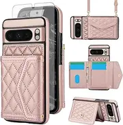 [Asuwish] Phone Case for Google Pixel 8 Pro 5G Wallet Cell Cover with Tempered Glass Screen Protector RFID Blocking Credit Card Holder Slot Crossbody Strap Pixel8Pro Pixel8 XL Eight 8Pro Women Rose Gold