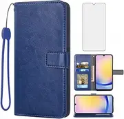 Compatible with Samsung Galaxy A35 5G Wallet Case Tempered Glass Screen Protector and Wrist Strap Leather Flip Cover Card Holder Stand Cell Accessories Phone Cases for A 35 35A A355G Women Men Blue