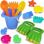Liberty Imports Dinosaur Sand Digger Scoop Claw Beach Toy Set - 13 Piece with Bucket, Shovels, Rakes, Molds (Assorted Colors)