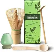 4PCS Matcha Whisk Set - Matcha Whisk Traditional Scoop, Tea Spoon. The Perfect Set to Prepare a Traditional Cup of Matcha, Handmade from 100% Natural Bamboo