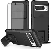 Asuwish Phone Case for Google Pixel 8 Pro 5G with Tempered Glass Screen Protector and Slide Camera Cover Kickstand Stand Slim Protective Cell Accessories Pixel8Pro Pixel8 XL Eight 8Pro Women Men Black