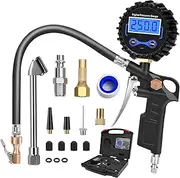 Digital Tire Pressure Gauge with Inflator, 250 PSI Heavy Duty Air Chuck Air Compressor Attachments, Improved Leaks Protection & Extended Hose Tire Gauge, 0.1 Display Resolution (Standard)