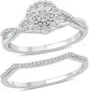 [Cali Trove] 925 Sterling Silver 1/6ct Round White Natural Diamond Miracle Floral Bridal Ring Set