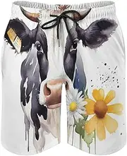[RKJVB] Mens Swim Trunks with Mesh Lining Watercolor Cow Beach Shorts Quick Dry Drawstring Board Shorts with Pocket