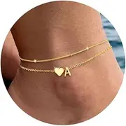 [TINGN] Gold Ankle Bracelets for Women, 14K Gold Plated Layered Heart Anklets for Women Waterproof Anklet Initial Ankle Bracelets Adjustable Foot Chain Anklet Set for Womens Summer Beach Jewelry Gifts