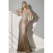 Gold Black Tie Mermaid / Trumpet Evening Gown Elegant Dress Formal Wedding Floor Length Long Bubble Sleeve Plunge Neck Stretch Lurex Fabric with Ruched 2025