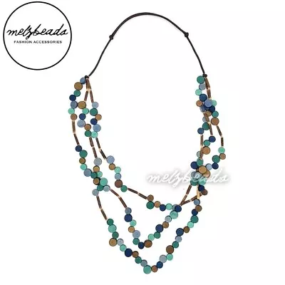 Teal Copper Tiny Coin Layered Wooden Beaded Necklace Ladies Blue Turquoise