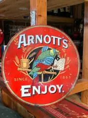 ARNOTTS TEDDY BEAR BISCUITS HUGE 560 MM DIAMETER TIN METAL SIGN DISTRESSED