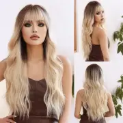 Ombre Blonde Wig Long Curly Wavy Wig With Bangs for Women Blonde Ombre Wig He...