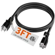 Indoor Outdoor Extension Cord 3 ft Waterproof, 16/3 Gauge Flexible 3 FT Black