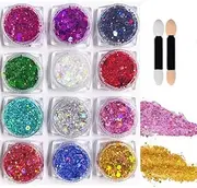 FRAKMU 12 Colors Holographic Chunky Glitter Gel Set for Christmas Party Makeup - Face, Body, Eye, Lips, Hair, Nail Cosmetic Festival Chunky Glitter Eyeshadow - Mixable, No Need Glue