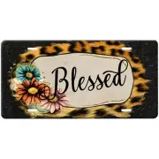 Blessed Christian License Plate-Leopard Print-Black Glitter-Flowers Car Tag