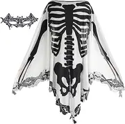 [GRAJTCIN] Womens Halloween Skeleton Costume Sheer Poncho Day of The Dead Ghost Cape Bat Mask