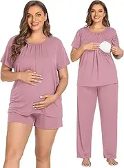 [SWOMOG] Women 3Pcs Maternity Pajama Set Nursing Pjs Pregnancy Set Breastfeeding Pjs Double Layer with Pockets