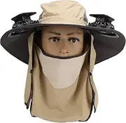 [gernie] Mens Sun Hat with 2 Solar Fans, UPF50 Wide Brim Solar Fan Hat, Fast Drying Nylon Summer Cooling Fan Fisherman Hat for Beach Outdoor Sports, USB Rechargeable (Khaki)