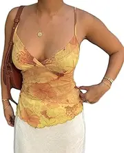 [ensswliz] Women Y2k Floral Cami Tank Top Deep V Neck Spaghetti Strap Camisole Summer Sleeveless Mesh Shirt Aesthetic Streetwear