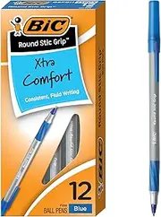 BIC Round Stic Grip Xtra Comfort Ball Pen, Fine Point (0.8 mm), Blue, 12-Count