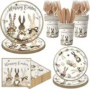 120Pcs Easter Bunny Party Paper Plates and Napkins Cups Sets,Some Bunny Is One Decorations Set,Spring Alice In Wonderland Tea Party Supplies,Woodland Baby Shower Disposable Tableware Kit