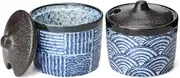 Evannt Salt and Pepper Bowls Ceramic Condiment Jars with Lids Porcelain Salt Cellar Set of 2 Japanese Style Condiment Pots Seasoning Jars Box (Blue)