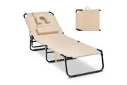 Costway Foldable Reclining Sun Lounger Bed Outdoor Deck Chairs Recliner Oxford Fabric Head Cushion, Pool Patio Backyard, Beige