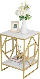Marble Top Side Table Gold: 2 Tier Square Geometric Rhombus Frame End Tables 40 x 58cm Sintered Stone Bedsides with Metal Golden Legs Modern White Marbles Nightstand Sofa Corner Table for Living Room