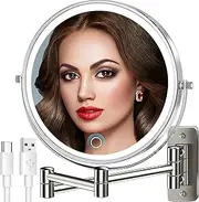 VESAUR 9'' Rechargeable Wall Mounted Make Up Mirror, 1X/10X Double Sided Magnifying Vanity Mirror with 3 Colors, Adjustable brightness, 17'' Extendable 360° Rotation Bathroom Mirror, Pearl Nickel