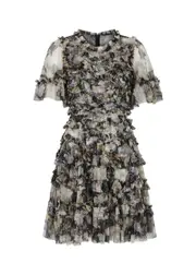 Needle & Thread Moonlight Petals Printed Ruffled Tulle Mini Dress - Black - 16 (UK16 / XL) 16 (UK16 / XL)