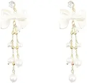 [Generic] Earrings for Girls Pearl Bow Long Drop Dangle Earrings for Women Dainty Pearl Tassel Earring Jewelry