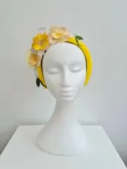 Miss Whimsical. 3D floral lace headband fascinator in Yellow / White