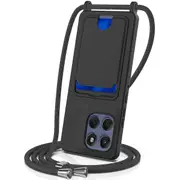 For Motorola Edge 60 Pro 5G Case Liquid Silicone Card Holder Back Phone Cover with Lanyard Black