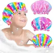 Shower Cap for Kids, 3 Pcs Kids Shower Caps for Girls, Cute Rainbow Hair Cap Wide Elastic Band, Plastic Reusable Waterproof Toddler Shower Cap, Large Bath Cap for Kids Girls Women (Unicorn)