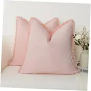 Linen Texture Boho Fringe Tassel Throw Pillow 18" x 18" (Pack of 2) Light Pink